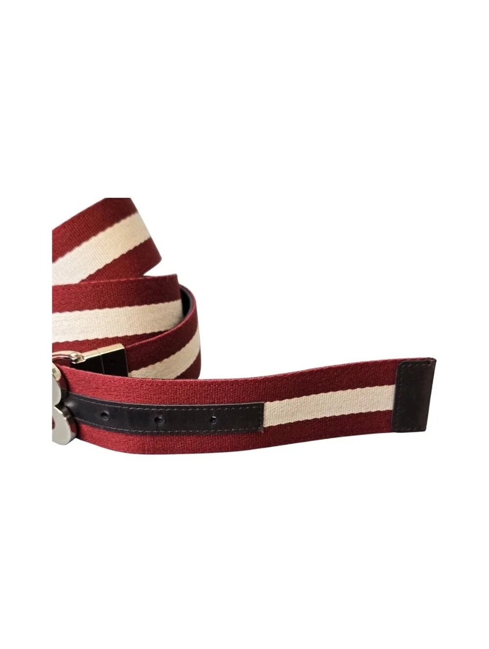 Bally Men's Size 90/36 Reversible B Buckle Canvas & Leather Belt Burgundy/Cream